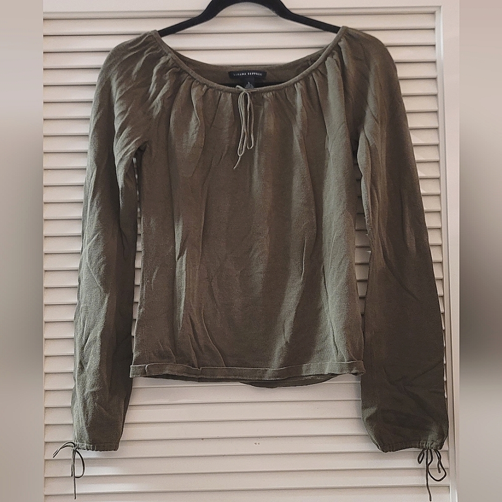 Banana Republic - Olive Green 100% Cotton Long-Sleeve Top With Tie String